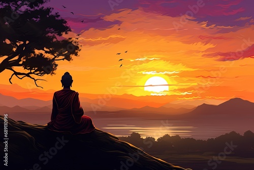 Buddha statue with sunset in the background