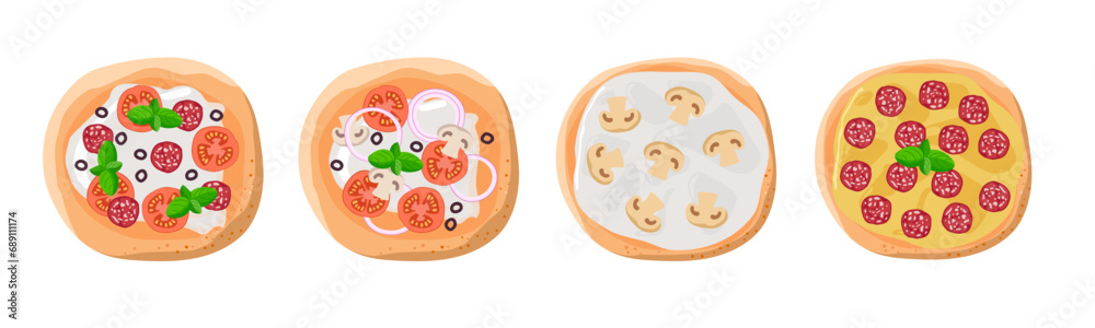 Pizza bar. Pizza options according to different recipes. Cartoon vector illustration. Traditional italian dishes. Pastry food, Tasty Italian pizza. Colorful Restaurant Isolated Nutrition