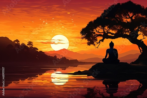 Buddha statue with sunset in the background