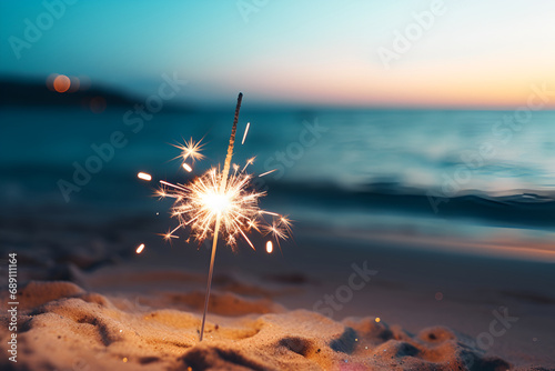 Close up of Sparkler on beach. Burning sticks of Bengal fire, Sparks of bright bengal lights burning on the beach. Generated AI