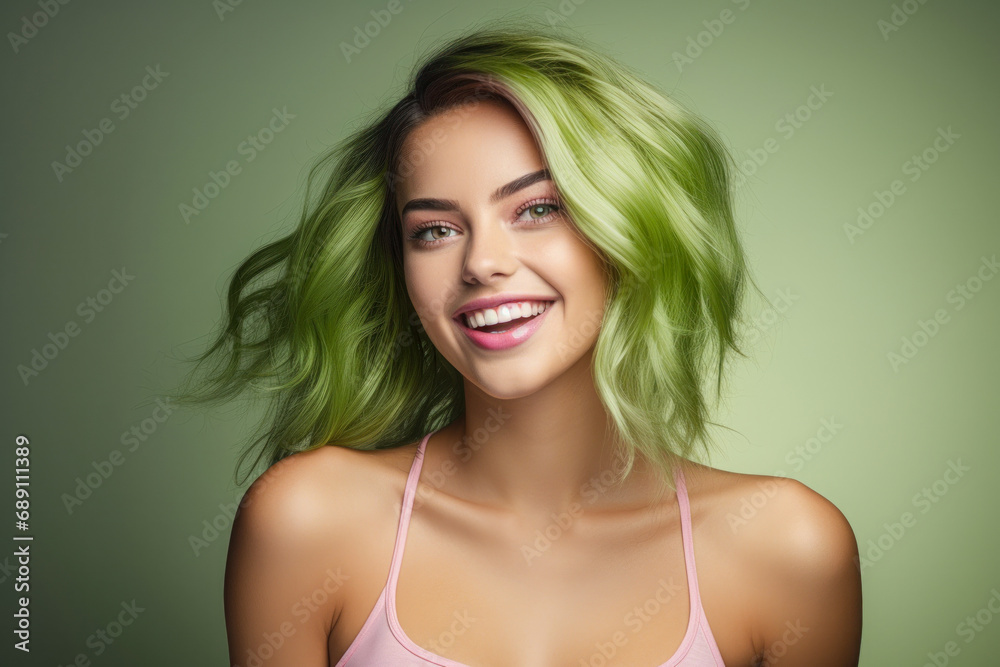 smiling beautiful very cute face of fit vibrant green hair smiling beautiful very cute face of fit vibrant green hair