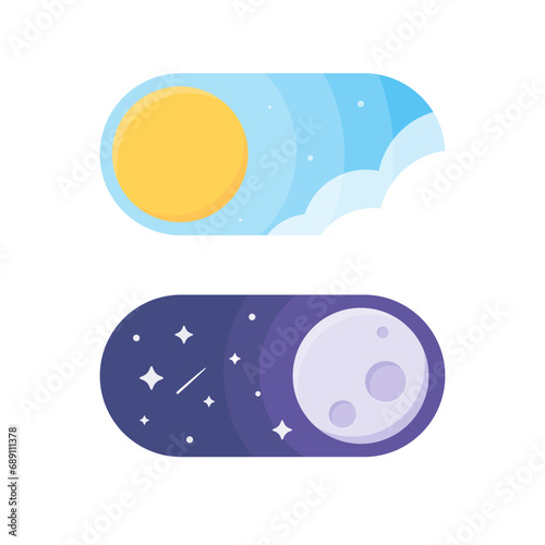 The sun and moon in day and night modes are opposite each other on the scrolling button.