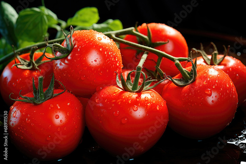 Bunches of ripe organic farm tomatoes on the table © Sunshine