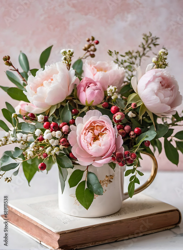 Romantic pink flower arrangement in a mug. Pink roses and cranberries.