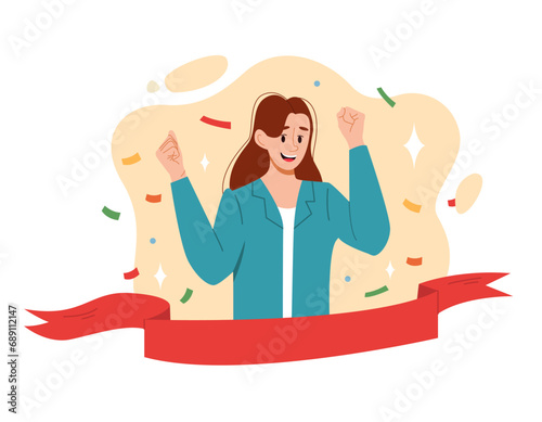 Happy Winner Businesswoman. Businesswoman Crossing the Finish Line. Vector Flat Illustration.