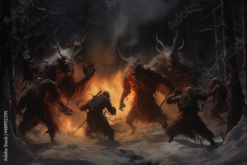 Group of Krampus in a dark snowy forest fighting in front of a fire photo