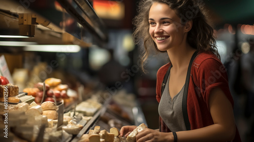 Young woman shopping in supermarket, at the cheese counter, meat counter, fruit stand, bakery, fish counter and shoe store, AI generated photo