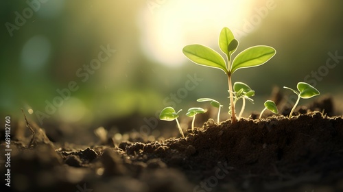 The seedling are growing from the rich soil to the morning sunlight that is shining. Generative AI