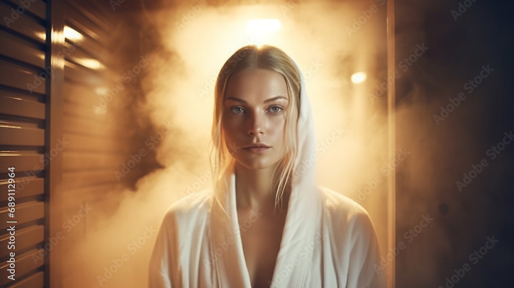 Kobieta w saunie gorąca para w tle ciepłe światło - obrazy, fototapety, plakaty 