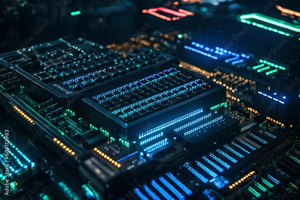 A close-up of a server's internal components, illuminated by dynamic LED lights, showcasing the intricate design and power of futuristic computing.