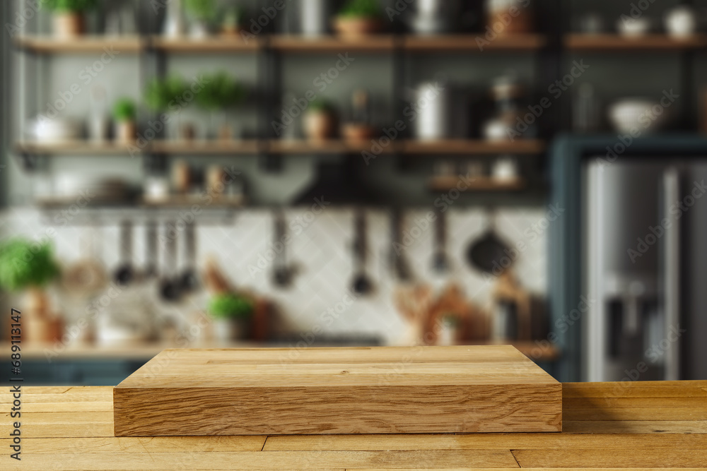 Wooden pedestal of free space for your decoration. Kitchen interior with furniture. Window and morning sun light. Board of brown wood and mockup backdrop. Empty space for your products, natural light Wooden pedestal of free space for your decoration. Kitchen interior with furniture. Window and morning sun light. Board of brown wood and mockup backdrop. Empty space for your products, natural light