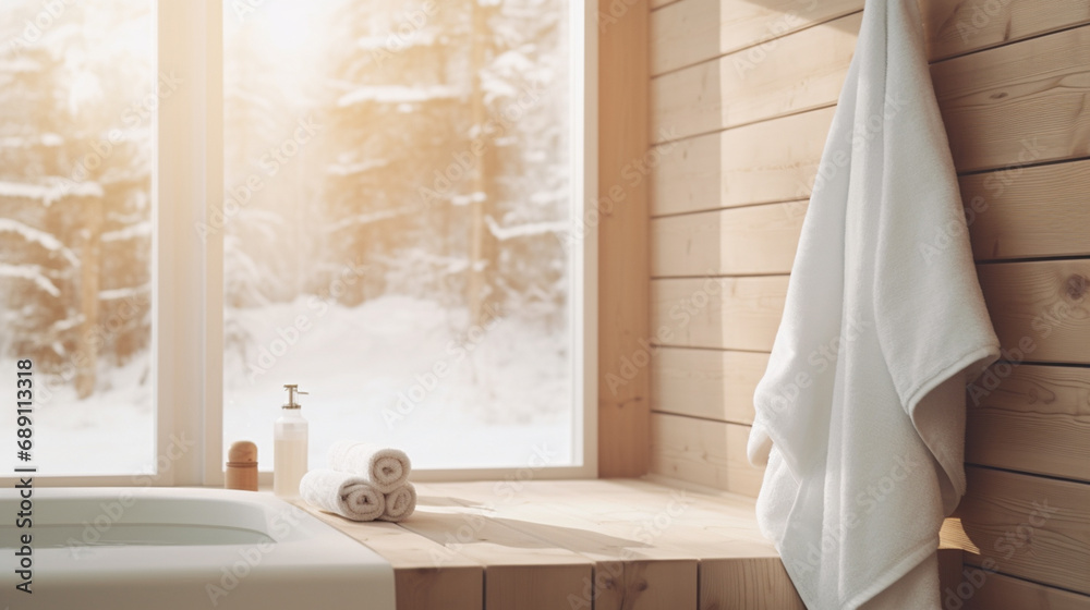 Drewniana minimalistyczna łazienka z ręcznikiem na ścianie z widokiem na zimowy krajobraz - obrazy, fototapety, plakaty 