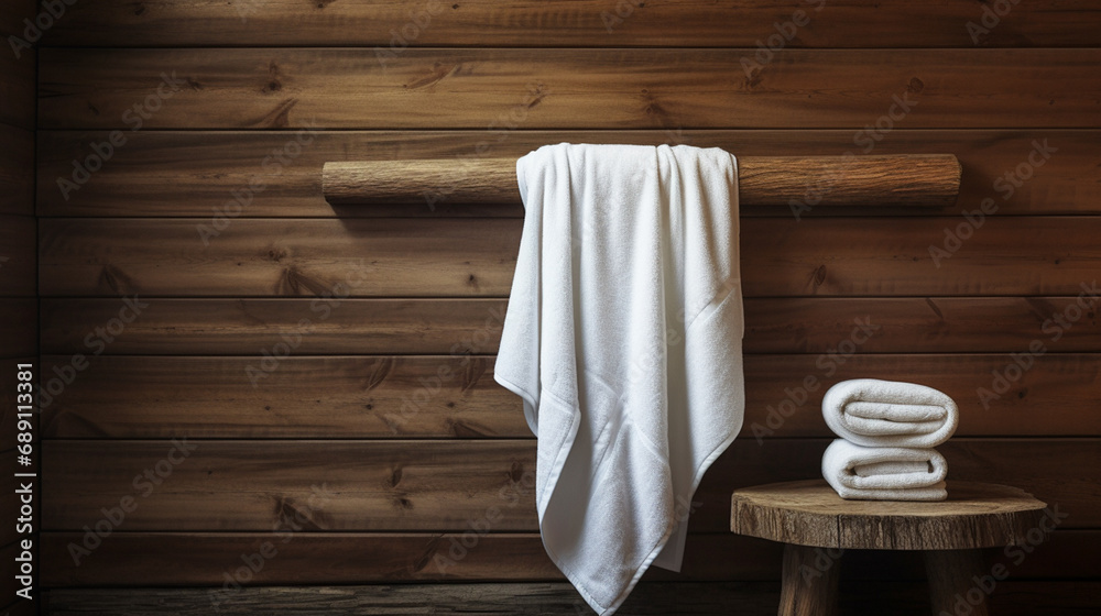 Drewniana ściana łazienki, sauny z ręcznikiem na poręczy i małym stoliczkiem - obrazy, fototapety, plakaty 