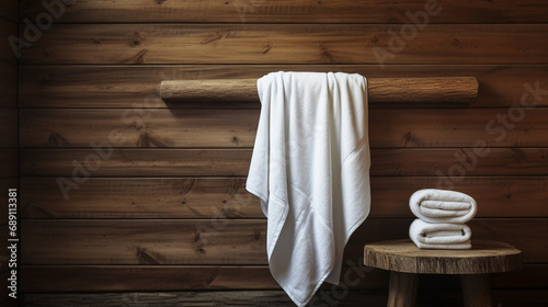 Drewniana ściana łazienki, sauny z ręcznikiem na poręczy i małym stoliczkiem