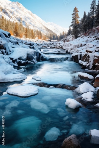 Mountain river with frozen water. Icicles by the river, cooling in nature. Winter weather in mountain valley
