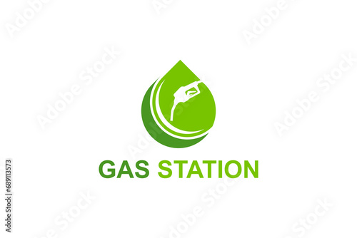 Gas oil energy logo with fuel petrol nozzle gun. Eco green energy icon symbol.