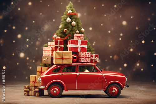Red car with gift boxes and christmas tree on the top in forest generated AI © natalystudio