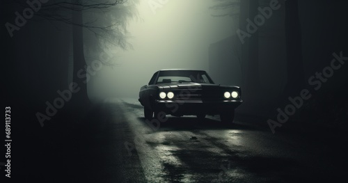 Black and white image of a car parked in middle of road in foggy moody forest © Tisha