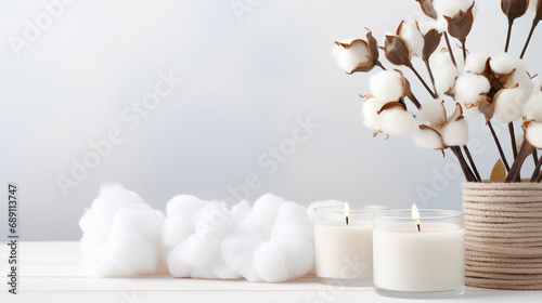 Świeczki wśród bawełny na delikatnym tle do promocji produktu i relaksu