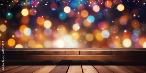 Wooden table against digitally generated christmas themed bokeh design