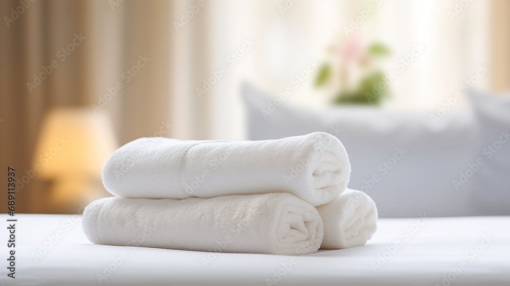 białe ułożone ręczniki na hotelowym łóżku  - obrazy, fototapety, plakaty 