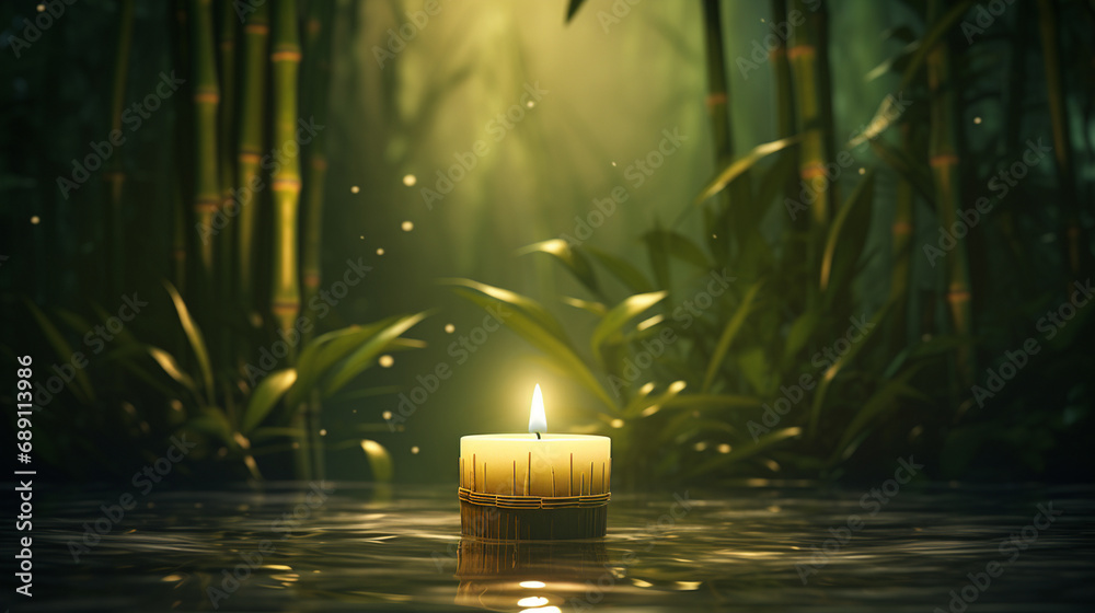 Pojedyncza relaksacyjna świeca na tafli wody w środku bambusowego lasu - obrazy, fototapety, plakaty 