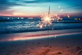 Close up of Sparkler on beach. Burning sticks of Bengal fire, Sparks of bright bengal lights burning on the beach. Generated AI