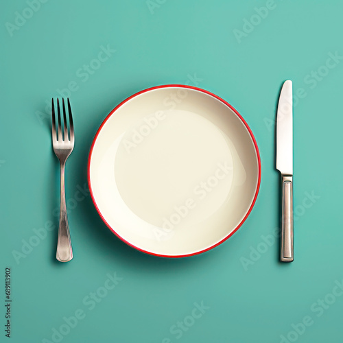Minimalist dining set. Top view of plate with fork and knife on teal background