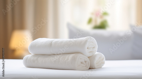 białe ułożone ręczniki na hotelowym łóżku 