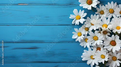 Daisy summer flowers on blue wood background for advertising © Tendofyan