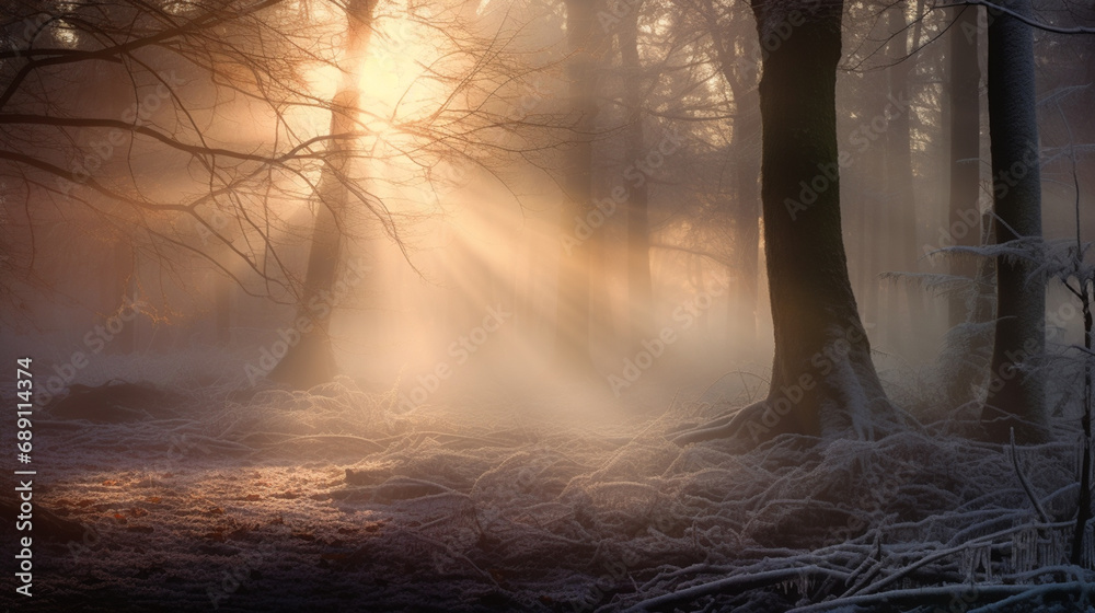 Misty sunrise in the forest during winter time