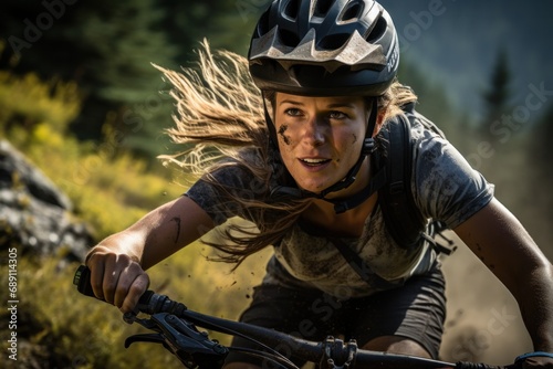 Experience the adrenaline as an adventurous teenager fearlessly mountain bikes down challenging trails, capturing the essence of a thrilling summer biking escapade