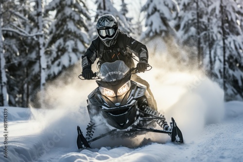Embark on a winter adventure as a confident teenager fearlessly snowmobiles through breathtaking snowy landscapes, capturing the essence of thrilling winter thrill-seeking © Nino Lavrenkova