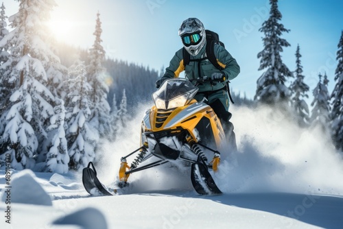 Embark on a winter adventure as a confident teenager fearlessly snowmobiles through breathtaking snowy landscapes, capturing the essence of thrilling winter thrill-seeking