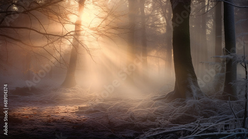 Misty sunrise in the forest during winter time 