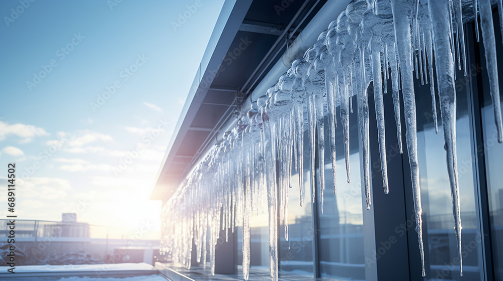 close-up of icicles hanging from the roof of modern building