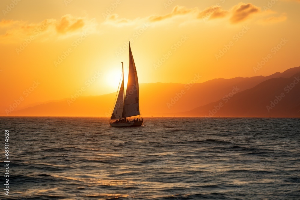 USA, California, Santa Monica, sailboat on the sea in backlight