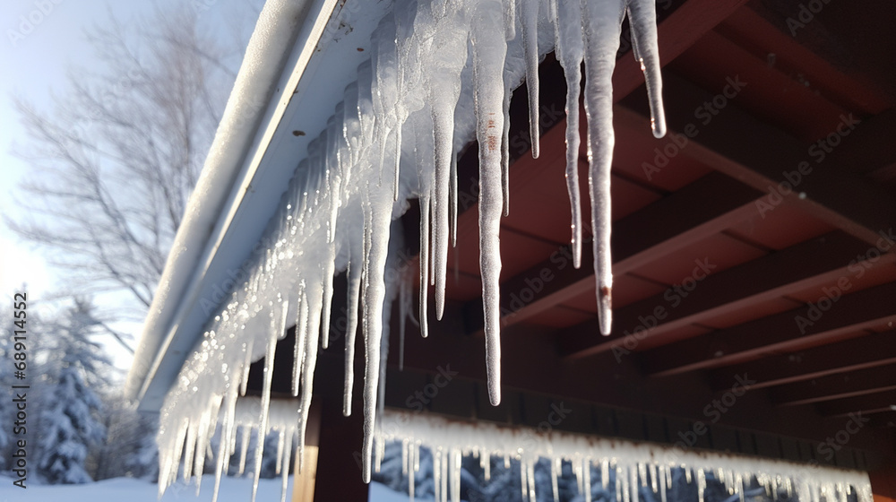 icicles hanging from the roof of wooden cabin in the winter