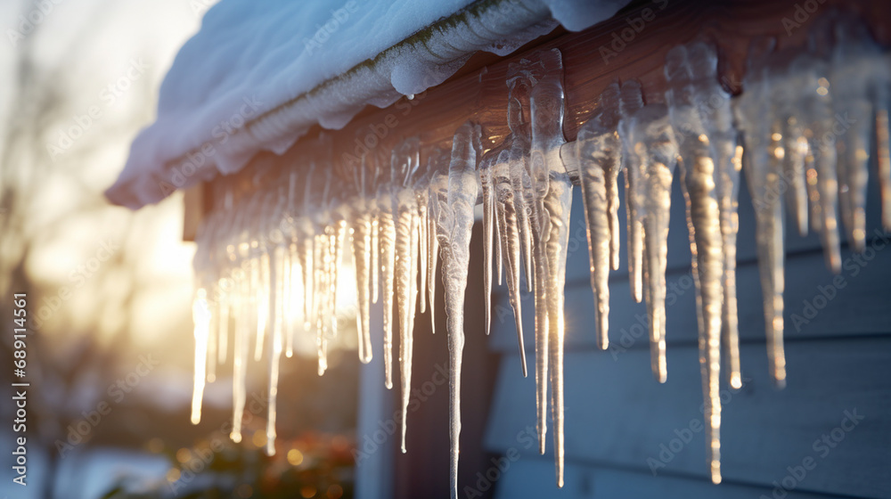 icicles hanging from the roof of wooden cabin in the winter