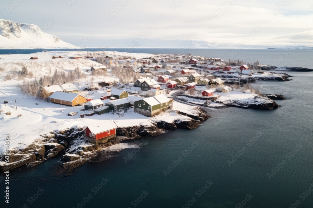 Aerial view of the city of Borgarnes in winter with snow, western