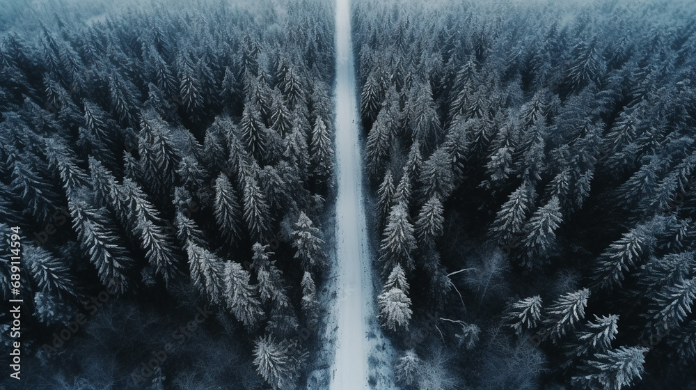 road covered in snow in the middle of the forest during winter