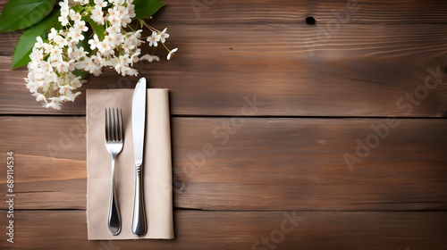 cutlery and napkin on wooden table with flowers and spring decor. Generative AI