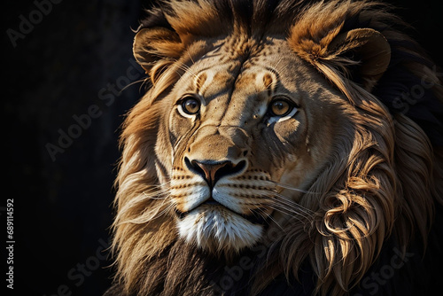 Portrait lion on the black. Detail face lion. Hight quality portrait lion. Portrait from animal
 photo