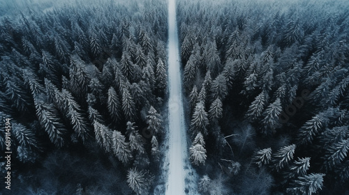 Obraz na płótnie road covered in snow in the middle of the forest during winter w salonie