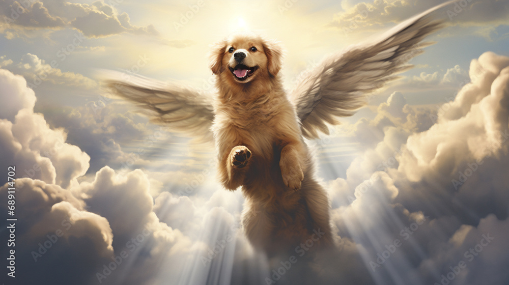 happy dog golden retriever with wings in heaven