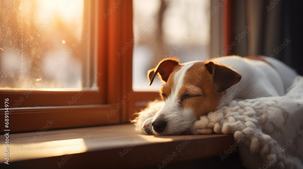 Dog, jack russell terrier sleeping close to the window during winter on cosy blanket