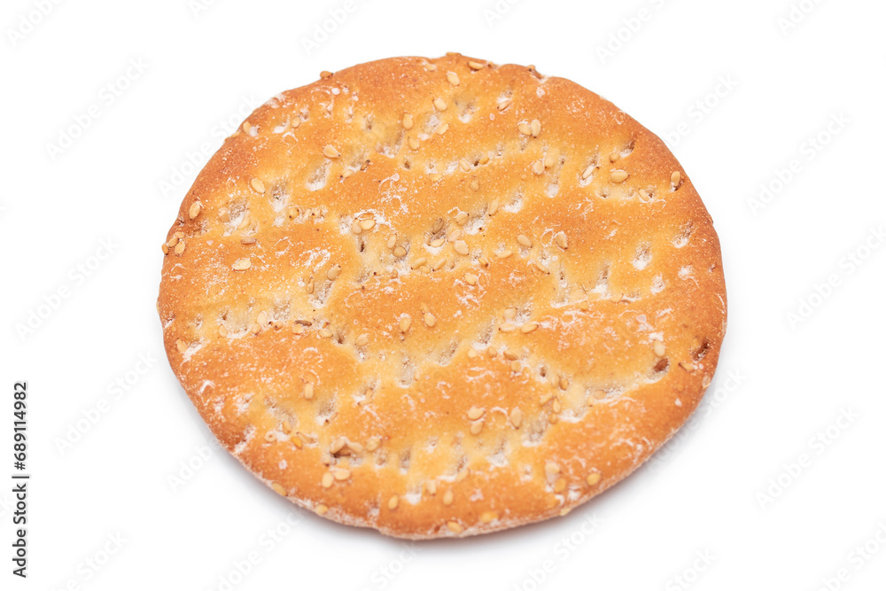 Round Salt Cracker with Sesame Isolated on White Background. Dry Snack - Isolation Round Salt Cracker with Sesame Isolated on White Background. Dry Snack - Isolation