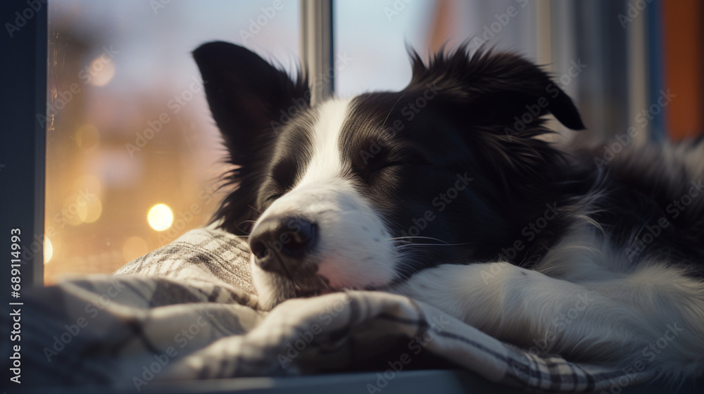 Dog, border collie sleeping close to the window during winter on cosy blanket