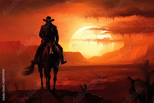 Cowboy riding horse into the sunset. Wild west style poster. Generative Ai