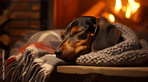 Obraz na płótnie Dog, dachshund sleeping close to the fireplace in wooden cabin during winter on cosy blanket w salonie